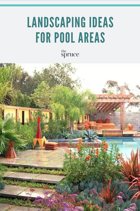 Desert Palm Trees Landscaping, Pool Landscaping With Palm Trees, Pool Landscaping Desert, Pool Side Landscaping, Plants Near Pool, Desert Pool Landscaping, Craftsman Backyard, Large Yard Landscaping Ideas, Poolside Plants