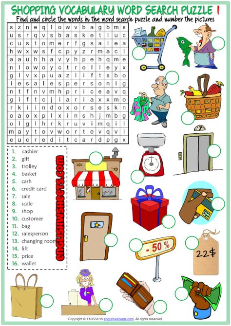 Shopping Vocabulary ESL Word Search Puzzle Worksheets English Reading Skills, Word Search Puzzles Printables, Test For Kids, Teach English To Kids, Missing Letters, Scramble Words, Printable Flashcards, Esl Vocabulary, English Grammar Worksheets