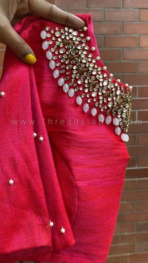 Pink Lehariya saree with pink silk blouse with Jewel neck blouse for life events. in 2022 | Mirror work blouse design, Fancy blouse designs, Dress designs for stitching South Indian Embroidery Blouse, Rose Colour Blouse Designs, Jewellery Blouse Designs, Stone Work Neck Designs, Lehariya Saree, Salwar Kurti, Red Blouse Design, Blouse Aari Work, Jewel Neck Blouse