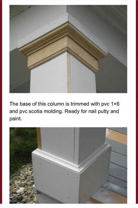 Front Porch Columns And Railings, Column Trim Molding, Outdoor Trim Ideas, Exterior Columns Ideas Porch Posts, Exterior Column Wraps, Porch Post Trim, Wrap Porch Columns, Front Porch Posts Columns, Porch Post Ideas