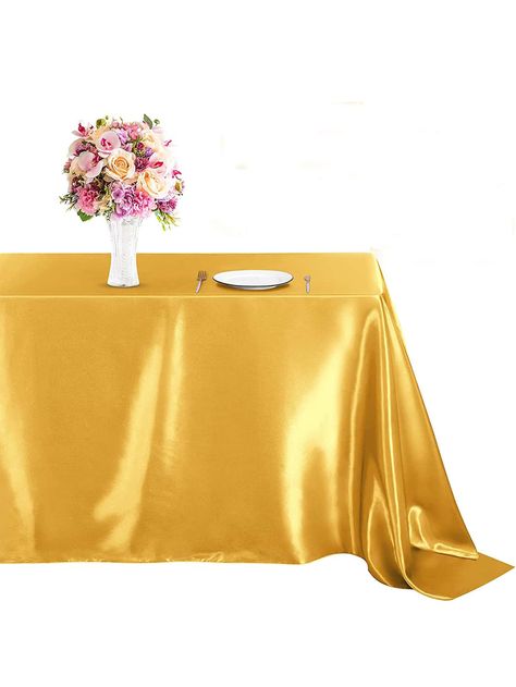 Banquet Table Decorations, Restaurants For Birthdays, Satin Tablecloth, Wedding Tablecloths, Table Overlays, Kitchen Fabric, Rectangle Tablecloth, Banquet Tables, Gold Satin