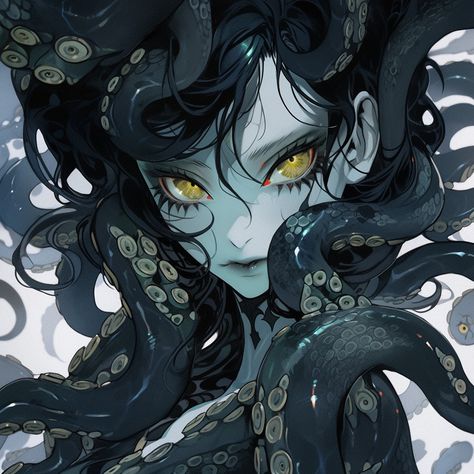 AI art Kraken Humanoid, Tentacle Hair Character Art, Kraken Mermaid, Octopus Girl, Mork Borg, Octopus Mermaid, Monster Girls, Creature Concept Art, Creature Concept