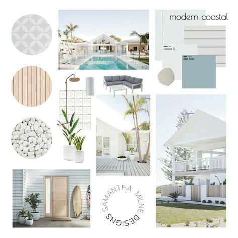 Modern Beach House Mood Board, Beach House Mood Board Coastal Style, Moodboard Exterior Design, Mood Board Exterior Architecture, Coastal Chic Mood Board, Coastal House Aesthetic, Modern Weatherboard House, Exterior Moodboard, Japandi House Exterior