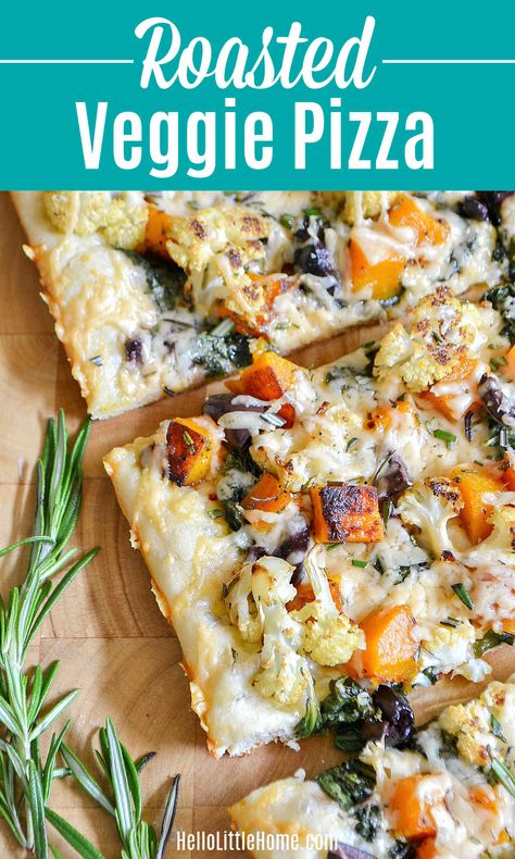 Looking for Fall Pizza Ideas? Then you have to try this amazing Roasted Fall Vegetable Pizza! This easy Roasted Vegetable Pizza Recipe is the perfect way to celebrate autumn with seasonal produce ... top this delicious Vegetarian Pizza with your favorite fall veggies, like Cauliflower, Butternut Squash, and Kale, plus Rosemary and Olives! This Roasted Veggie Pizza is a White Pizza that’s packed with delicious Fall Flavors that you’re going to love + it’s so easy to make. | Hello Little... Roasted Vegetable Pizza Recipes, Vegetarian Pizza Recipes, Veggie Pizza Toppings Ideas, Vegetarian Pizza Ideas, Fall Pizza Ideas, Veggie Pizza Toppings, Roasted Veggie Pizza Recipe, Appetizer Meals, Roasted Veges