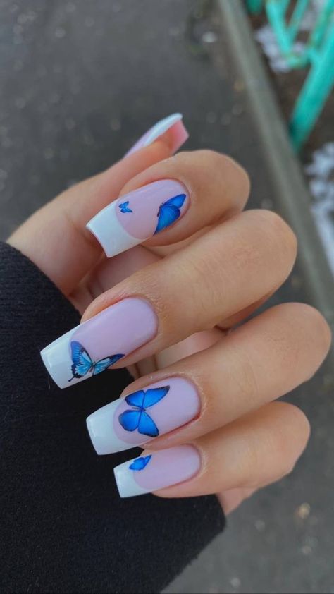 Butterfly Nail Designs, Butterfly Nails, Sassy Nails, Long Acrylic Nail Designs, Beige Nails, Work Nails, Stitch Cartoon, Acrylic Nails Coffin Short, Summer Acrylic Nails