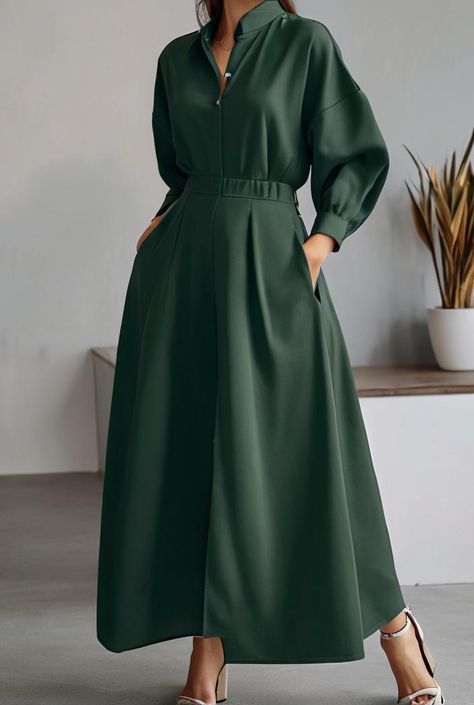 women s dresses lapel elastic waist shirt long sleeve dress 138211 Lapel Design, Fashion Elements, Indo Western, Shirt Long Sleeve, Fashion Outfit, Elegant Style, Women's Dresses, Body Types, Army Green