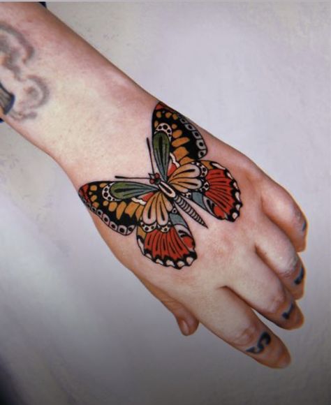 Monarch Traditional Tattoo, Neotraditional Tattoo Sleeve Women, Collar Bone Tattoo American Traditional, Butterfly Tattoo Elbow Crease, Traditional Tattoos Hand, Colored Traditional Tattoo, Colorful Traditional Tattoo, American Traditional Feminine Tattoos, Old School Moth Tattoo