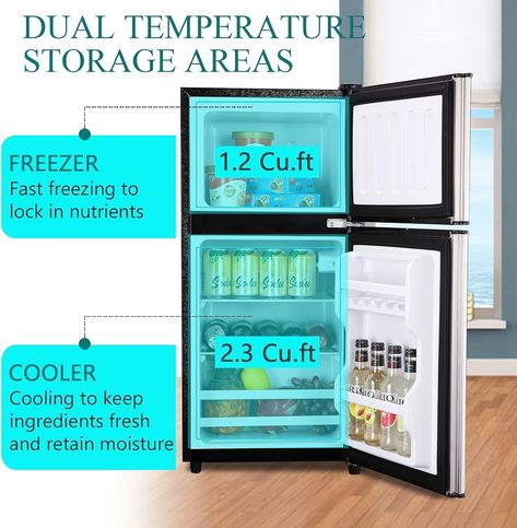 Top Freezer Design-the large capacity of 3.5 Cu Ft is divided into refrigerator and freezer areas, which are more spacious than ordinary mini refrigerators and can keep food fresh or frozen. Removable Glass Shelf-the fridge is equipped with two detachable glass shelves, the height can be adjusted according to needs, flexible storage of food or drinks, easy to take out and clean. Adjustable Temperature Control-Our refrigerator can be adjusted to 5 to 10℃ in the refrigerator compartment / 0 to -18℃ in the freezer compartment. Runesay 3.5-cu ft Mini Fridge with Freezer (Silver) | HBCOLR-04 Refrigerator Mini, Dorm Fridge, Store Kitchen Appliances, Mini Fridge With Freezer, Compact Fridge, Removable Shelves, Double Door Design, Small Refrigerator, Mini Fridges