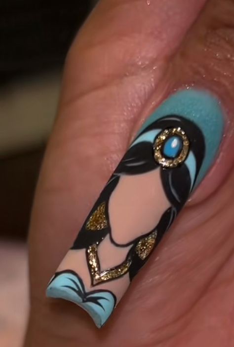 Aladdin Inspired Nails, Jasmine Nail Art, Jurrasic Park Nails, Aladin Nails, Princess Jasmine Nails, Aladdin Nails, Elephant Nails, Aladdin Art, Jasmine Nails