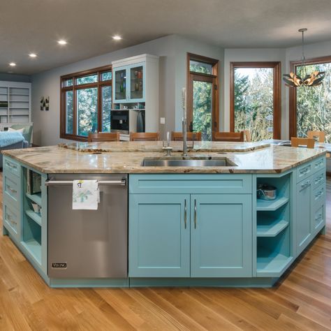 In an open floor plan, a rectangular kitchen island isn't always the best fit. This diamond shaped island-- aptly painted tiffany blue-- is a perfect fit for the space and provides ample counter space and storage options. Rectangular Kitchen Island, Kitchen Island Interior, U Shaped Kitchen Island, Island Shapes, Kitchen Island With Sink And Dishwasher, Awkward Kitchen, Corner Kitchen Layout, Granite Top Kitchen, Kitchen Island Shapes