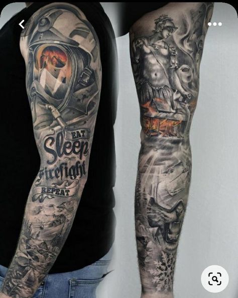 Firefighter Tattoo Sleeve Men, Firefighter Tatoos Ideas, Firefighter Tattoo Ideas For Men, Firefighter Tattoo Sleeve, Justin Tattoo, Firefighter Tattoo, Fire Fighter Tattoos, Viking Tattoo Sleeve, Shamrock Tattoos