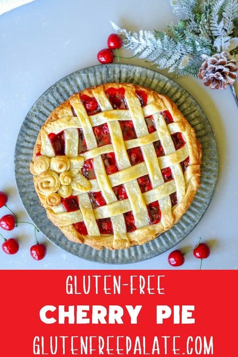 Easy to make from-scratch gluten-free cherry pie. With a light flaky crust and tart cherry filling, this bright and flavorful gluten-free cherry pie will be a new favorite at your dinner table. Cherry Pie Easy, Gluten Free Cherry Pie, Gluten Free Pies Recipes, Unique Pie Recipes, Gluten Free Christmas Recipes, Best Gluten Free Desserts, Gluten Free Bars, Cherry Pie Recipe, Easy Gluten Free Desserts