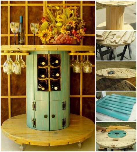 How to Turn an Old Wire #Spool Into a #Beautiful Wine #Table - DIY & Crafts Cable Spool Tables, Wooden Spool Tables, Wooden Cable Spools, Wooden Spool Projects, Spool Furniture, Spool Tables, Cable Spool, Wire Spool, Wood Spool