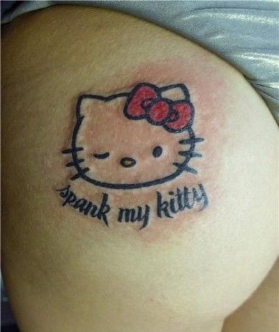 and THIS ONE my friends was my most recent challenge from a fb friend, who hasn't known me long enough to UNDERSTAND my weird "gift" for finding outrageous HK everything. :D she said to find "Hello Kitty tattoo, suggestive nature, inappropriate place. You now its gotta be out there, right????" pfftt. child's play. Hello Kitty Tattoo, Kitty Tattoos, Kitty Tattoo, Cute Tats, Hello Kitty Tattoos, Christmas Tattoo, Sharpie Tattoos, Cartoon Character Tattoos, Hello Kitty Images