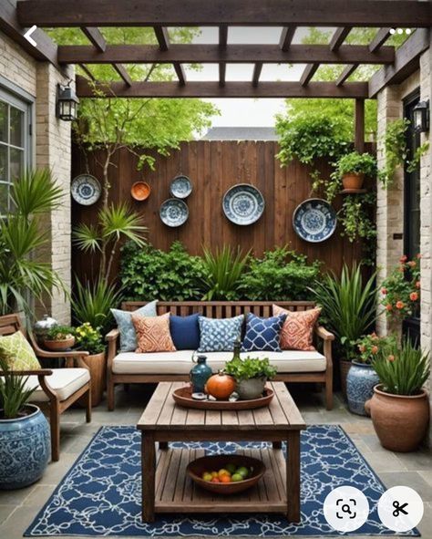 Patio Wall Decor Ideas, Narrow Patio Ideas, Tropical Patio, Small Patio Design, Patio Design Ideas, Boho Patio, Balkon Design, Small Patio Garden, Patio Garden Design