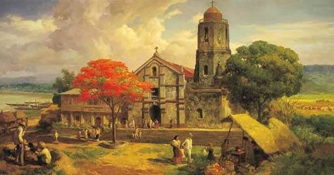 Fernando Amorsolo - In the year 1900 (A sunday in Baras' Church, Rizal province, Philippines, after 8 a.m. Mass) 1961 Fernando Cueto Amorsolo, Rizal Province, Fernando Amorsolo, Paskong Pinoy, Colonial Art, Architecture Drawing Sketchbooks, Filipino Art, Philippine Art, Philippines Culture