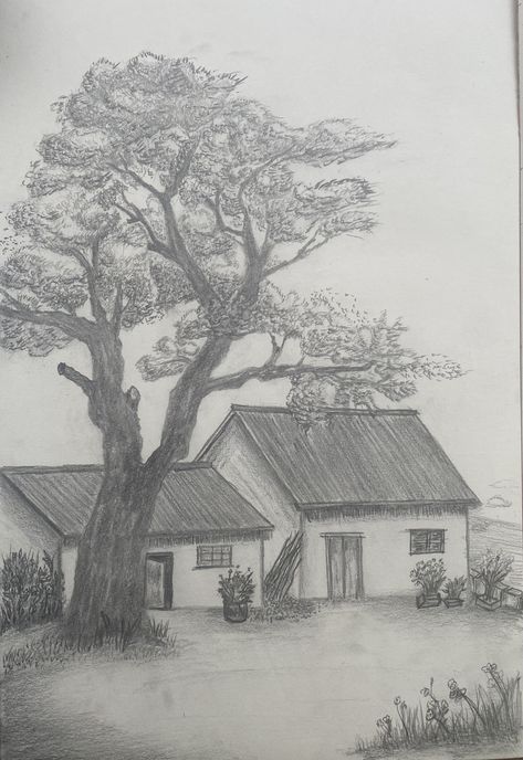 Big Pencil Drawings, Two Perspective Drawing Buildings, Sketching Of Nature, Things To Draw Landscape, Senery Pic Drawing, Cool Sketches Pencil, Unique Pencil Sketches Creative, Art Sketches Nature, Backyard Sketch