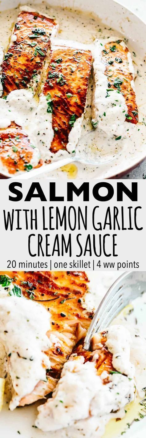 Lemon Garlic Cream Sauce, Resep Sushi, Seared Salmon Recipes, Salmon Recipes Pan Seared, Salmon With Lemon, Garlic Cream Sauce, Cream Sauce Recipes, One Skillet, Salmon Dinner