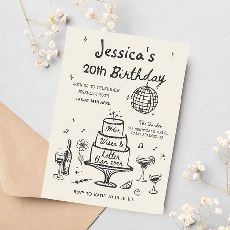 Disco Whimsical Hand Drawn Funky Birthday Party Invitation Birthday Invitation Card Handmade, Chic Disco Party, Chic 40th Birthday Party, Girly Themed Birthday Parties, Art Show Invitation, Handmade Birthday Invitations, Hand Drawn Birthday Invitations, 20th Birthday Invitations, 20 Birthday Invitation