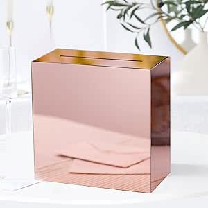 UNIQOOO Metallic Rose Gold Mirror Acrylic Wedding Card Box with Slot, Large 10x10x5.5 inch Blank No Print | Thick DIY Wedding Receptions Wishing Well Money Box, Graduation, Birthday, Memory Box Acrylic Wedding Card, Gold Card Box, Acrylic Card, Gold Mirror Acrylic, Diy Wedding Reception, Acrylic Signage, Wedding Card Box, Gift Card Boxes, Metallic Rose Gold