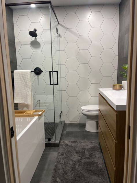 Small Bathroom Remodel Gray, Hexagon Tile Bathroom Shower Wall, Bathroom Remodel Gray, Hexagon Tile Bathroom, Marble Shower Walls, Gray Tiles, Hexagon Wall, Shower Wall Tile, Bathroom Shower Walls