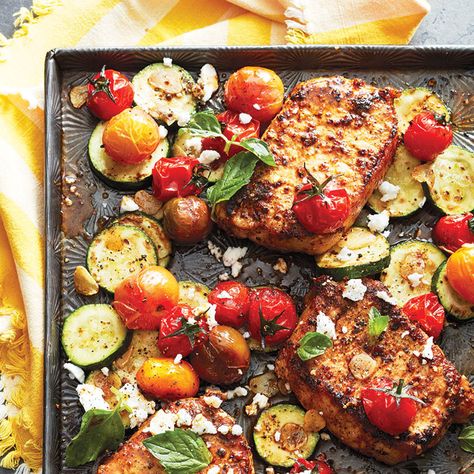 Sheet pan pork chops with harissa spice - Chatelaine Fry Pork Chop Recipes, Pork Chop Recipes Healthy, Sheet Pan Pork Chops, King Oyster Mushroom Recipe, Sheet Pan Pork, Healthy Sheet Pan, Pan Pork Chops, Sheet Pan Dinners Recipes, Sandwiches For Lunch