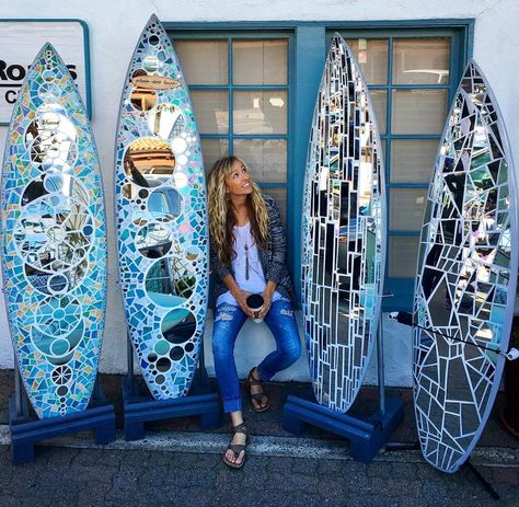 Katy Helen on Instagram: “Set up at the neighborhood San Clemente art faire till 3, come have a look!” Outdoor Showers, Surfboard Wall Art, Garden Poles, Surfboard Wall, San Clemente, Glass Ideas, The Neighborhood, Mosaic Art, Surfboard