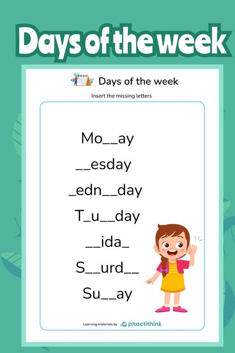 Children learn the names of the days of the week. In the process of completing the task, the children will remember the correct order of the days of the week. Thanks to the large number of assignments, they can learn how to write them correctly. This worksheet is a great way for kids to work on their competent writing. This worksheet works great with beginner or elementary students. Just print it out and use! Order Of The Day, Days Of The Week, Name Day, English Class, Learn French, Worksheets For Kids, Phonics, Kids Learning, For Kids