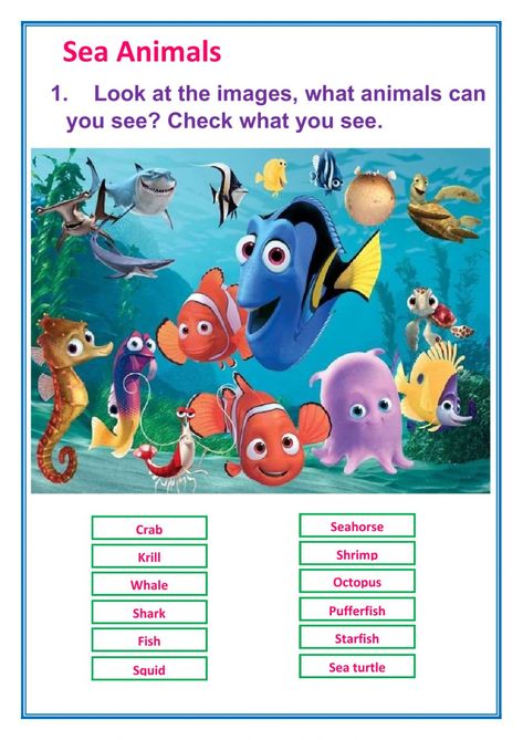 Sea Animals Worksheets For Kids, Animals Worksheets For Kids, Study Aesthetics, Animal Worksheets, Basic English, Animal Activities, English As A Second Language (esl), English As A Second Language, Ocean Animals