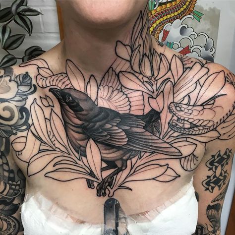 ade a start on @ccyle chest and neck.  She sat like a champ.  I’ve sent her home with a cool cling film wrap to go with that bra.done Neotrad Bird Tattoo, Traditional Tattoo Neck, Neo Traditional Chest Tattoo, Traditional Chest Tattoo, Traditional Chest, Chest Piece Tattoos, Chest Tattoos, Cling Film, Chest Piece