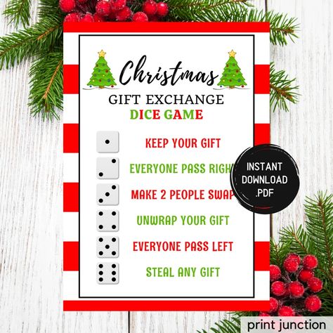 Christmas Dice Game, Christmas Games Printable, Gift Exchange Dice, Party Games Christmas, Gift Exchange Game, Gift Games, Christmas Trivia Games, Gift Exchange Games, Games Christmas