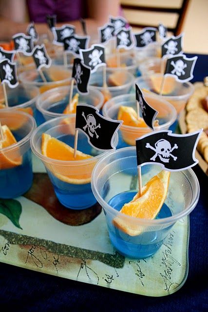 Jello Pirate Boats Pirate Snacks, Pirate Fairy Party, Pirate Party Food, Pirate Food, Mermaid Pirate Party, Blue Jello, Peter Pan Party, Pirate Fairy, Pirate Theme Party