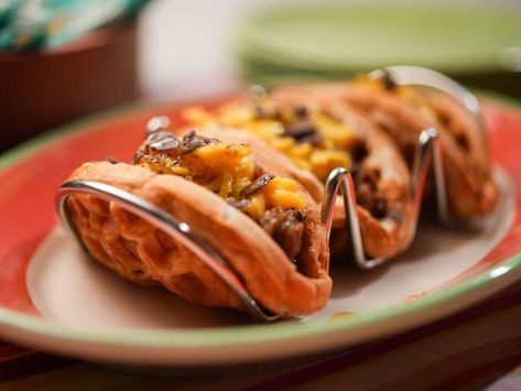 Waffle Tacos, Waffle Taco, Hot Honey Recipe, Honey Chicken Recipe, Jeff Mauro, The Kitchen Food Network, Taco Ingredients, Breakfast Waffles, Hot Honey