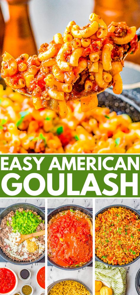 American Goulash - Hearty, easy, comfort food made with ground beef and sausage, tender elbow macaroni, green peppers, onions, and tomatoes. The mixture simmers in marinara sauce for layers of flavor! Ready in just 30 minutes and makes a big batch that's perfect for potlucks, picnics, game days, or to have planned leftovers on hand. This classic American goulash recipe is always a family favorite! High Protein Goulash, Sausage Macaroni, Ground Beef And Sausage, Slow Cooker Chili Beef, Easy Goulash Recipes, American Goulash, Onions And Tomatoes, Averie Cooks, Goulash Recipes