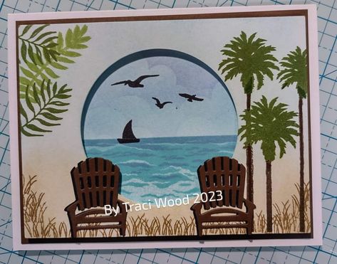 Beach Scene Cards, Retirement Gifts For Women Diy, Stampin Up Anniversary Cards, Stampinup Cards Newest, Retirement Cards Handmade, Wreath Cards, Diy Greeting Cards, Muskoka Chair, Anniversary Cards Handmade