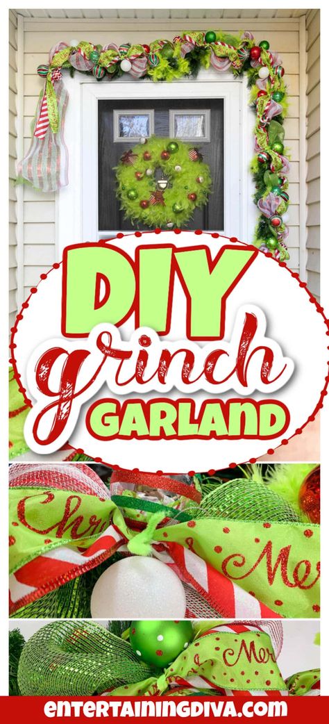 DIY Grinch Garland - A Step-By-Step Tutorial Christmas Door Garland Diy, Whoville Hallway, Grinch Christmas Ideas, Grinch Door Decorations, Diy Grinch Ornaments, Grinch Garland, Grinch Ideas, Diy Grinch, Grinch Decor