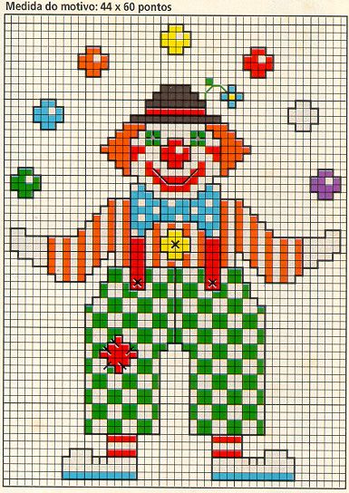 circus clown Embroidery Tips, Cross Stitch Kitchen, Cross Stitch Borders, Pixel Pattern, Cross Stitch Baby, Cross Stitch Cards, Free Cross Stitch, Knitting Charts, Stitch Embroidery