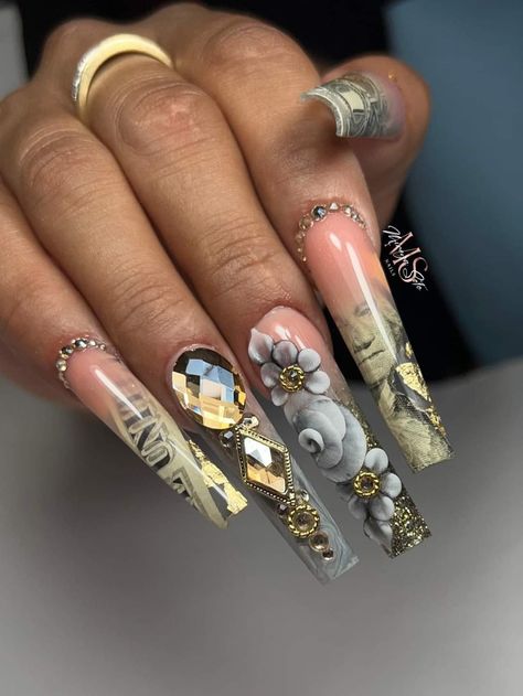 Dollar Nails Designs, Extravagant Nails, Money Nails, Luminous Nails, Drip Nails, Long Acrylic, Toe Nail Designs, Dope Nails, Arte Floral