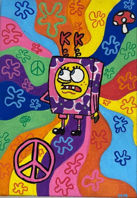 Trippy Background Painting Easy, Spongebob High Painting Canvases, Trippy Spongebob Painting Canvases, Spongebob High Painting, Cool Paintings Trippy Easy, Trippy Spongebob, Painting Spongebob, Easy Trippy Canvas Painting, Spongebob Painting Ideas