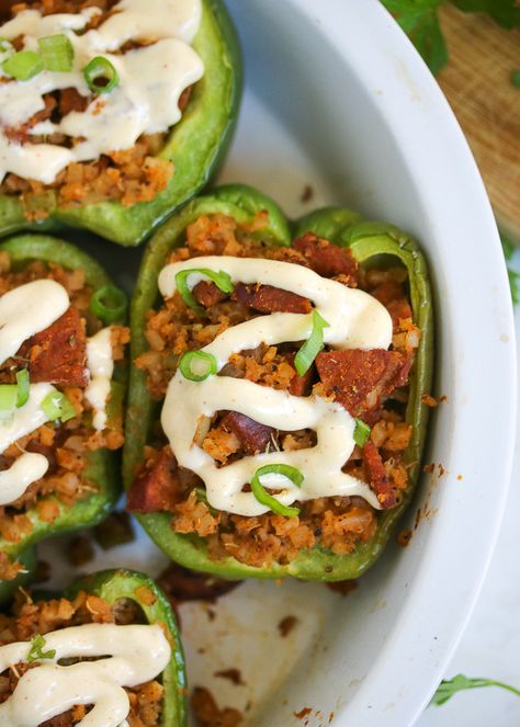 Cajun Stuffed Peppers with Special Sauce | Paleo, Whole30, Keto – Just Jessie B Cajun Stuffed Peppers, Shrimp And Sausage Jambalaya, Easy Comfort Food Dinners, Keto Stuffed Peppers, Cauliflowers, Pepper Recipes, Whole30 Keto, Stuffed Pepper, Special Sauce