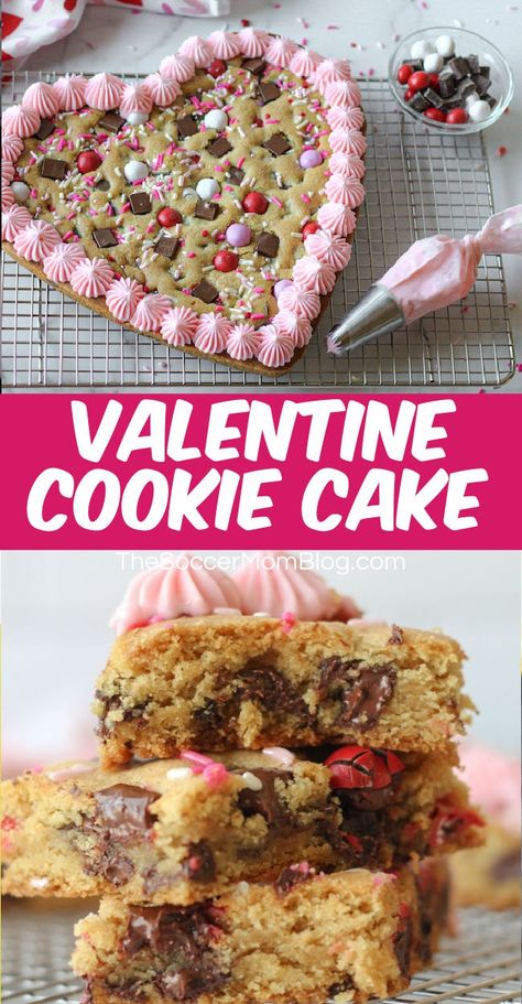 Cake Recipes Valentines Day, Heart Cookie Cake Recipe, Homemade Valentines Cake, Easy Valentine’s Day Cake, Valentine’s Day Cake Recipes, Valentine’s Day Chocolate Chip Cookies, Vday Dinner Ideas Meals, Heart Cookie Cake Valentines, Valentine's Day Cookie Recipes