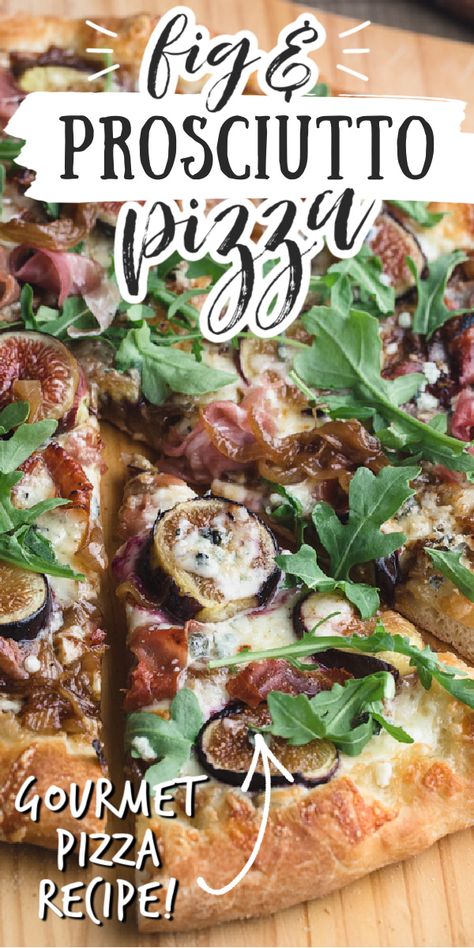 Bring a taste of the trattoria home with this gourmet Fig Pizza! Layered with juicy, fresh figs, balsamic-caramelized onions, prosciutto, and two Italian cheeses, this rustic, easy-to-prep homemade pizza makes a beautiful presentation. #pizza #figs #cheese Fig Pizza Recipes, Outdoor Pizza Oven Recipes, Fig Flatbread, Pizza Type Recipes, Pizza With Prosciutto, Gourmet Pizza Recipes, Fig Pizza, Flatbread Pizza Recipes, Prosciutto Pizza