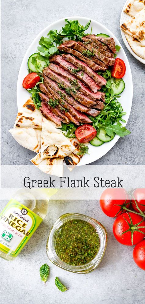 Greek Marinated Flank Steak | Grilled steak is a classic summer dish! Now you can dress it up with a Greek-style homemade marinade. Combine refreshing herbs like dill and mint with garlic, olive oil, and Kikkoman® Rice Vinegar, then marinate the cut of beef for 2-8 hours for best results. Generously spread the marinade over the steak to soak in the flavor before tossing it on the grill! This easy marinade also works as a make-ahead salad dressing to store in the fridge for later. #Kikkoman Greek Steak, Steak Marinade For Grilling, Wife Recipes, Homemade Marinade, Noodles Stir Fry, Barbecue Ideas, Flank Steak Recipe, Marinade Flank Steak, Steak Grilled