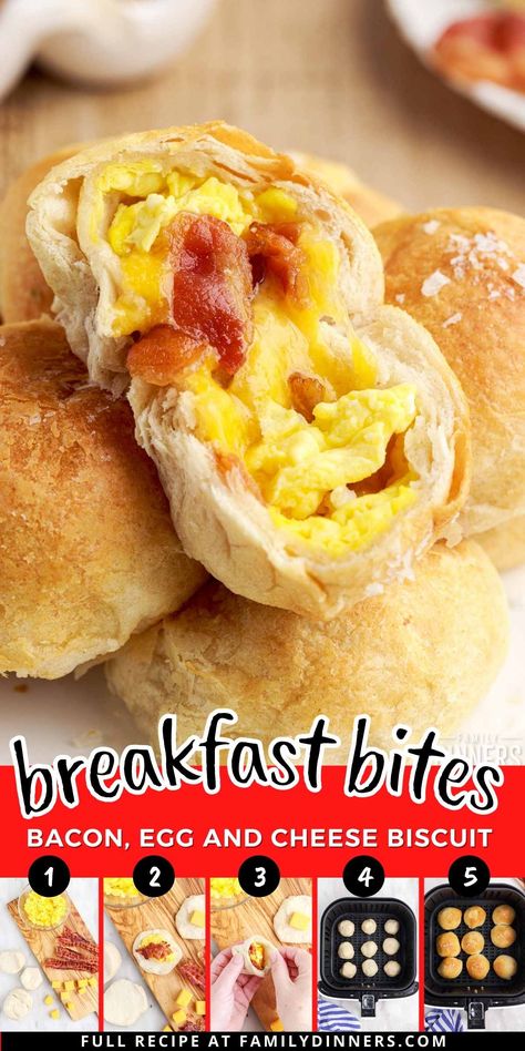 Make these easy breakfast bites in the air fryer. Scramble some eggs, pull out some leftover cooked bacon and chop up some cheese to roll in refrigerator biscuit dough. These quick and easy breakfast sandwiches are perfect for busy families. Air fryer breakfast recipes. Make ahead breakfast idea. Make the night before then pop into the air fryer in the morning. Cheap Air Fryer Meals, Muscle Meals, Airfryer Breakfast, Appetizer Skewers, Biscuit Bites, Air Fryer Bacon, Cheese Biscuit, Bacon Egg Cheese, Air Fryer Recipes Breakfast