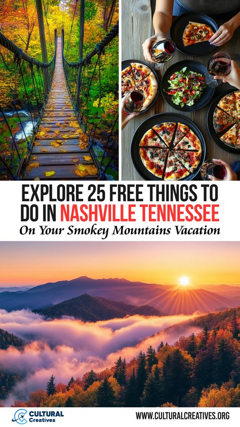 Colorful fall foliage on a suspension bridge, friends sharing pizza, and a scenic mountain sunrise represent the experiences highlighted in Explore 25 Free Things To Do in Nashville Tennessee. Things To Do Outside Of Nashville, Things To Do Tennessee, Tennessee Day Trips, Best Places To Visit In Tennessee, Must See In Nashville Tn, Fun Things To Do In Nashville Tn, Nashville To Do, Things To Do In Nashville Tennessee, Tennessee Family Vacation