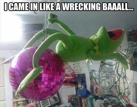 Oh no! Not you too Kermit!!! #wrecking ball Disco Ball, Funny, Green