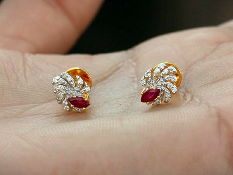 Gold Earrings Gold Stud Earrings Designs, Studs Earrings Gold India, Ruby Earrings Studs, Earrings Ideas, Beautiful Gold Necklaces, Design 2023, Wedding Jewellery Collection, Gold Bride Jewelry, Earrings Design