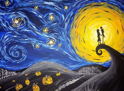 Nightmare Before Christmas Starry Night, Starry Night Parody, Starry Night Halloween, Nightmare Before Christmas Painting, Painting Ideas Halloween, Starry Night Art, Starry Night Painting, Horror Artwork, Arte Van Gogh