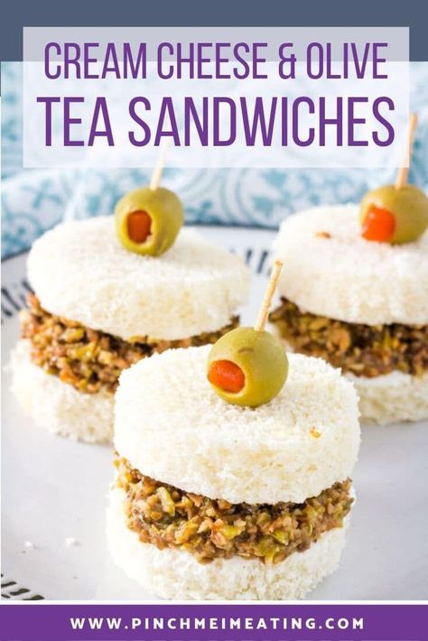 Cream cheese and olive tea sandwiches are easy, elegant appetizers with simple fillings for afternoon tea or a wedding or baby shower! Learn how to cut shaped sandwiches for a unique presentation in this recipe! Olive Tea Sandwiches, Easy Elegant Appetizers, Cheese Tea, New Years Appetizers, Gluten Free Puff Pastry, Afternoon Tea Recipes, Cold Sandwiches, Elegant Appetizers, Party Sandwiches