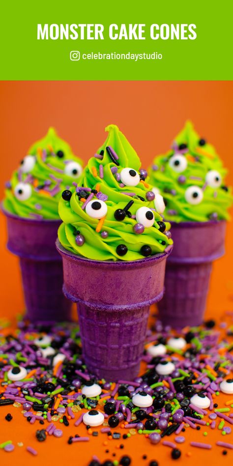 Halloween Cupcakes In Ice Cream Cones, Halloween Cone Cupcakes, Cupcake Cones Halloween, Ice Cream Cone Cupcakes Halloween, Halloween Cake Cones, Halloween Cones Treats, Halloween Cupcake Cones, Spooky 4th Birthday, Halloween Birthday Treats